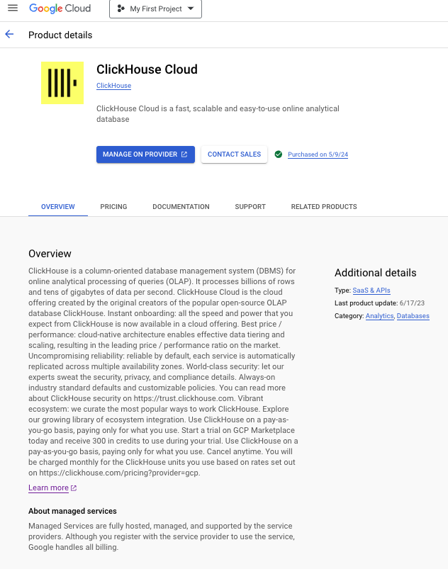 GCP Marketplace ClickHouse Cloud page